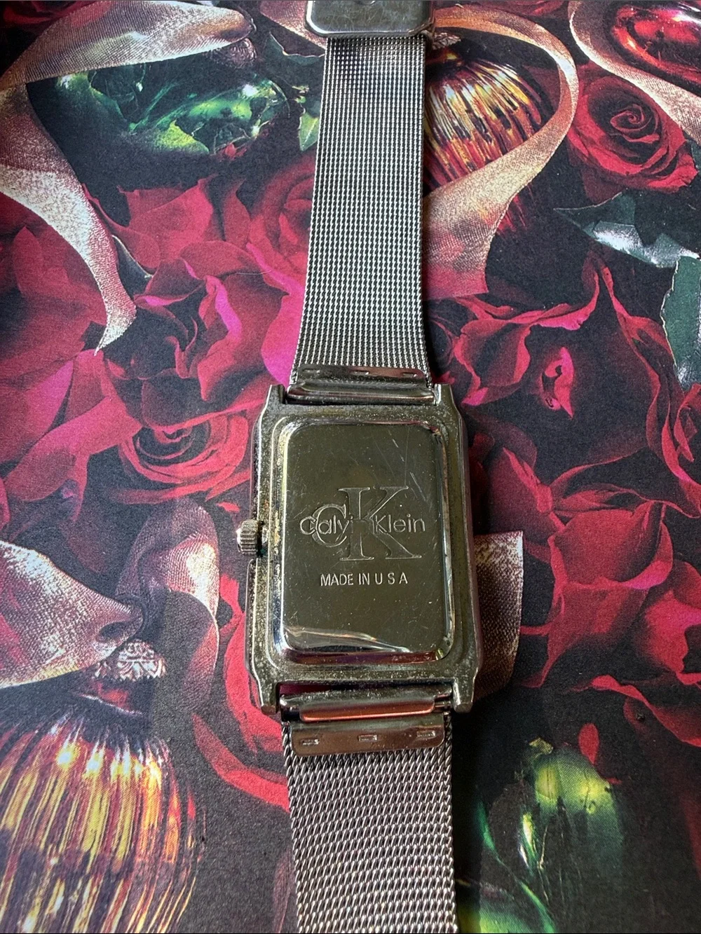 Calvin Klein Rectangular Black Dial Stainless Mesh Watch